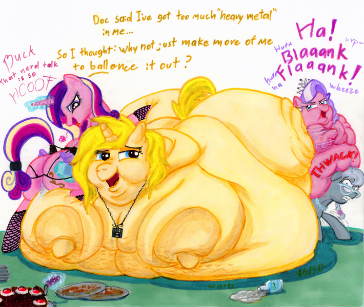 Size: 2800x2365 | Tagged: questionable, artist:white-eyed vireo, derpibooru import, diamond tiara, princess cadance, silver spoon, oc, oc:annabelle, alicorn, pony, unicorn, bedroom eyes, belly, belly bed, big belly, bingo wings, blob, blobface, blushing, butt, cake, chubby cheeks, dialogue, fat, fat fetish, fetish, flabby chest, food, huge belly, huge butt, image, immobile, impossibly large belly, impossibly large butt, impossibly obese, jpeg, large butt, magic, magic suppression, morbidly obese, multichin, neck roll, obese, plot, princess decadence, rolls of fat, telekinesis, the ass was fat, traditional art, weight gain