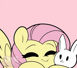 Size: 2048x1812 | Tagged: safe, artist:sakukitty, derpibooru import, fluttershy, pegasus, pony, rabbit, animal, cute, duo, eyes closed, female, image, jpeg, mare, pink background, shyabetes, signature, simple background, sleeping, smiling, spread wings, watermark, wings