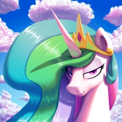 Size: 1500x1500 | Tagged: safe, alternate version, artist:suhar, derpibooru import, princess celestia, alicorn, pony, bedroom eyes, bust, cloud, crown, female, horn, image, jewelry, mare, multicolored mane, png, regalia, sky, smiling, solo