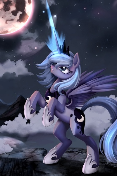 Size: 640x960 | Tagged: artist needed, source needed, safe, artist:ponykillerx, banned from derpibooru, deleted from derpibooru, derpibooru import, princess luna, alicorn, pony, bipedal, blast, cloud, cloudy, crown, eye lashes, female, g4, glow, glowing horn, horn, image, jewelry, jpeg, lighting, looking up, magic, magic blast, mare, moon, mountain, mountain range, night, raised hoof, raised leg, rearing, regalia, s1 luna, scenery, shadow, solo, spread wings, wings, young luna