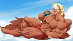 Size: 2269x1275 | Tagged: safe, artist:ponyanony, derpibooru import, oc, oc:flex, unofficial characters only, anthro, pegasus, pony, unguligrade anthro, abs, anthro oc, biceps, bodybuilder, clothes, cloud, deltoids, drink, image, lying down, lying on a cloud, male, male nipples, muscles, muscular male, nipples, nudity, on a cloud, pecs, pegasus oc, png, red swimsuit, sitting, solo, stallion, swimsuit, thighs, thunder thighs, triceps, wings