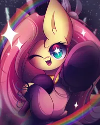 Size: 1850x2300 | Tagged: safe, artist:miryelis, derpibooru import, fluttershy, pegasus, pony, big ears, big eyes, clothes, cosplay, costume, crossover, cute, dress, image, long hair, microphone, oshi no ko, png, rainbow, raised hoof, shyabetes, smiling, solo, sparkles