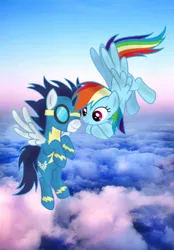 Size: 400x574 | Tagged: safe, artist:rd97, derpibooru import, rainbow dash, soarin', pegasus, pony, female, flying, image, jpeg, male, mare, shipping, soarindash, stallion, straight