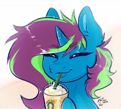 Size: 1298x1170 | Tagged: safe, artist:holomouse, derpibooru import, oc, unofficial characters only, unicorn, drinking, female, horn, image, jpeg, simple background, solo, straw, unicorn oc, white background