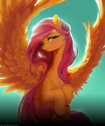 Size: 2020x2432 | Tagged: safe, artist:adoburuwawarrenyess, derpibooru import, fluttershy, pegasus, pony, backlighting, chest fluff, colored hooves, cute, female, gradient background, image, jpeg, looking at you, mare, shyabetes, solo, spread wings, wings