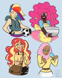 Size: 1200x1500 | Tagged: safe, artist:catnippackets, derpibooru import, fluttershy, pinkie pie, rainbow dash, sunset shimmer, human, blue background, female, football, hijab, humanized, image, islam, islamashy, png, religion, simple background, sports