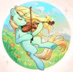 Size: 2350x2300 | Tagged: safe, artist:千雲九枭, derpibooru import, oc, oc:rain string, oc:雨瑟琴弦, pony, unicorn, female, grass, horn, image, magic, mare, musical instrument, playing instrument, png, solo, unicorn oc, violin