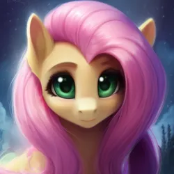 Size: 512x512 | Tagged: safe, artist:saltyvity, derpibooru import, machine learning assisted, machine learning generated, fluttershy, fluffy pony, pegasus, pony, ai content, big eyes, blushing, cute, ear fluff, forest, generator:pony diffusion v1, green eyes, image, night, pink hair, png, smiley face, smiling, solo, stars, tree