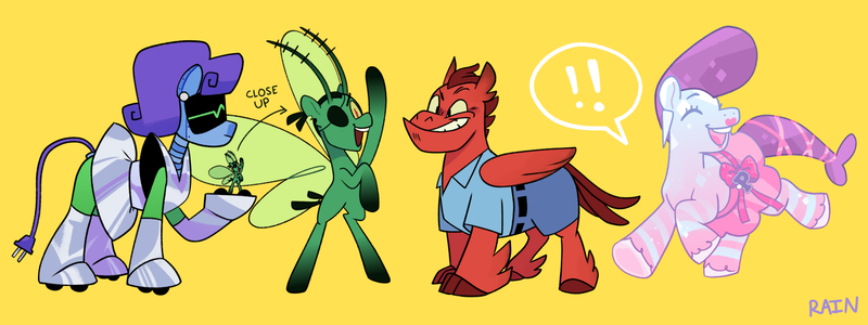 Size: 1800x675 | Tagged: safe, artist:umbrellascribbles, derpibooru import, ponified, breezie, crystal pony, hippogriff, pony, robot, robot pony, image, karen, mr. krabs, pearl krabs, plankton, png, simple background, spongebob squarepants, yellow background