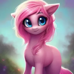 Size: 512x512 | Tagged: safe, artist:saltyvity, derpibooru import, machine learning generated, pinkie pie, earth pony, fluffy pony, pony, ai content, big eyes, blue eyes, blushing, ear fluff, flower, generator:pony diffusion v1, image, pink hair, pinkamena diane pie, png, sky, smiley face, smiling, solo, sparkles