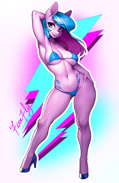 Size: 750x1150 | Tagged: questionable, artist:therocknrollmartian, derpibooru import, firefly, anthro, unguligrade anthro, g1, armpits, belly button, bikini, breasts, busty firefly, cameltoe, clothes, cutie mark background, erect nipples, eyebrows, eyebrows visible through hair, female, hand on hip, high heels, image, jpeg, nipple outline, piercing, pinup, pose, shoes, smiling, solo, solo female, swimsuit, wingless, wingless anthro