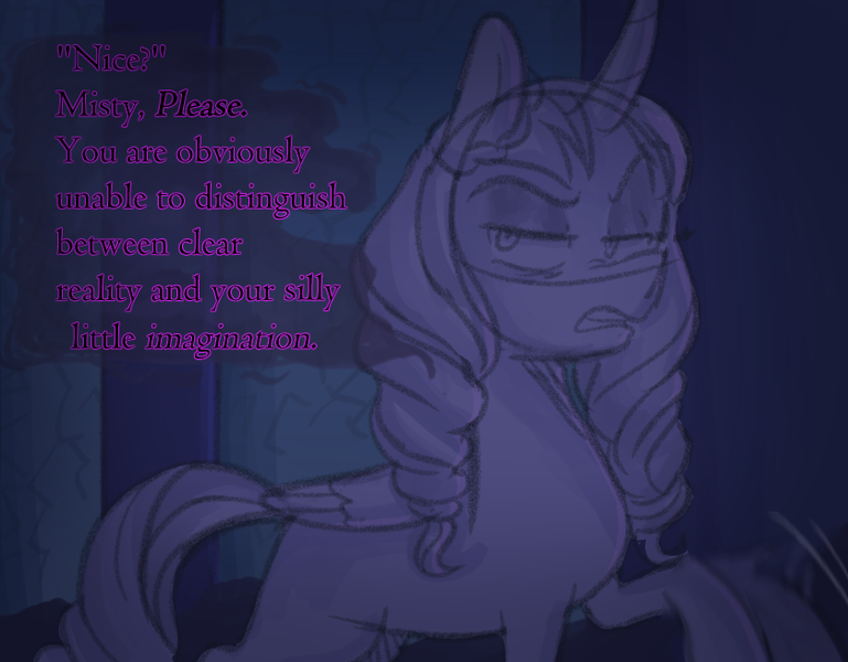 Size: 839x655 | Tagged: safe, anonymous artist, derpibooru import, alicorn, pony, series:misty pov, g5, female, gaslighting, image, implied misty brightdawn, mare, opabitch, opaline arcana, opaline arcana is not amused, opaline's dark castle, png, unamused