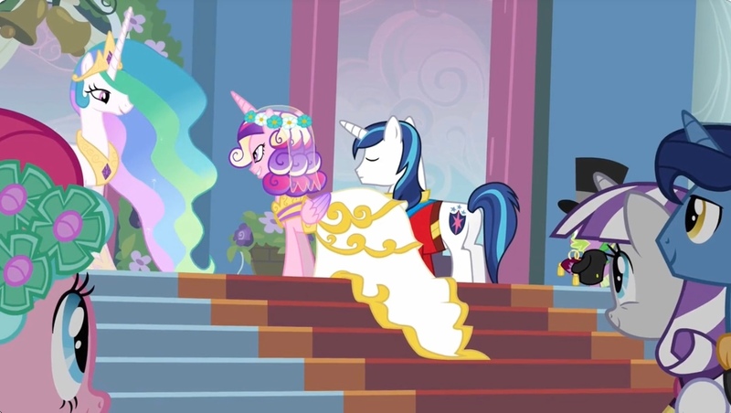 Size: 1405x793 | Tagged: safe, derpibooru import, screencap, night light, pinkie pie, princess cadance, princess celestia, shining armor, spike, twilight velvet, alicorn, dragon, earth pony, pony, unicorn, a canterlot wedding, alternate hairstyle, bride, bridesmaid, canterlot, canterlot castle, clothes, cute, dress, floral head wreath, flower, flower in hair, force field, groom, hat, image, jpeg, marriage, ring bearer, sash, smiling, steps, suit, this day aria, top hat, tuxedo, wedding, wedding dress, wedding veil