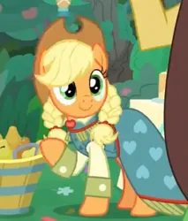Size: 424x498 | Tagged: safe, derpibooru import, screencap, applejack, earth pony, pony, the big mac question, alternate hairstyle, braid, clothes, cropped, dress, female, formal wear, gown, happy, image, jpeg, mare, solo, sweet apple acres