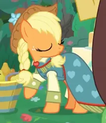 Size: 418x489 | Tagged: safe, derpibooru import, screencap, applejack, earth pony, pony, the big mac question, alternate hairstyle, braid, clothes, cropped, dress, eyes closed, female, formal wear, gown, image, jpeg, mare, solo, sweet apple acres, turned head