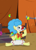 Size: 119x164 | Tagged: safe, derpibooru import, screencap, earth pony, pony, appleoosa's most wanted, season 5, afro, appleloosa resident, background character, background pony, bowtie, butt, clothes, clown, clown makeup, clown nose, image, juggling, makeup, male, pants, png, red nose, rodeo clown, stallion, topspin