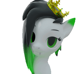 Size: 561x540 | Tagged: safe, artist:lithus, derpibooru import, oc, oc:lithus, unofficial characters only, pony, 3d, animated, blender, blender cycles, blinking, crown, fangs, floppy ears, gif, gradient ears, gradient mane, green eyes, green mane, image, jewelry, looking at you, regalia, simple background, smiling, smiling at you, solo, sway, transparent background, white body