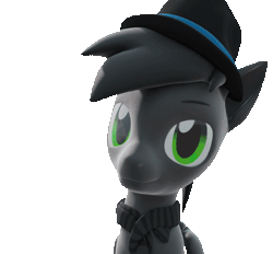 Size: 582x540 | Tagged: safe, artist:lithus, derpibooru import, oc, oc:grayhoof, unofficial characters only, pegasus, pony, 3d, animated, blender, blender cycles, blinking, clothes, fedora, floppy ears, folded wings, gif, gray coat, gray mane, green eyes, hat, image, looking at you, scarf, simple background, smiling, smiling at you, solo, sway, transparent background, wings