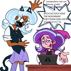 Size: 1500x1500 | Tagged: safe, artist:amendokat, derpibooru import, starlight glimmer, trixie, human, blackwashing, cat ears, cat tail, clothes, comic, computer, desk, dialogue, duo, female, glasses, humanized, image, jacket, laptop computer, lesbian, png, shipping, simple background, skirt, startrix, tail, talking, text