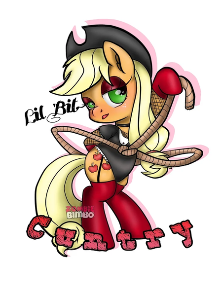 Size: 640x853 | Tagged: suggestive, artist:zombiebimbo, derpibooru import, applejack, earth pony, pony, applejack's hat, bedroom eyes, bipedal, clothes, cowboy hat, female, fishnet clothing, garter belt, garters, hat, hoof gloves, image, lasso, leotard, mare, png, pun, rope, simple background, socks, solo, solo female, text, thigh highs, vulgar, white background