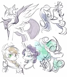 Size: 1079x1244 | Tagged: safe, artist:tkotu1, derpibooru import, applejack, mistmane, rarity, starlight glimmer, twilight sparkle, twilight sparkle (alicorn), alicorn, earth pony, pony, unicorn, bust, curved horn, emanata, female, glow, glowing horn, horn, image, jpeg, lesbian, mare, open mouth, partial color, plewds, rarijack, shipping, simple background, spread wings, white background, wings, young mistmane