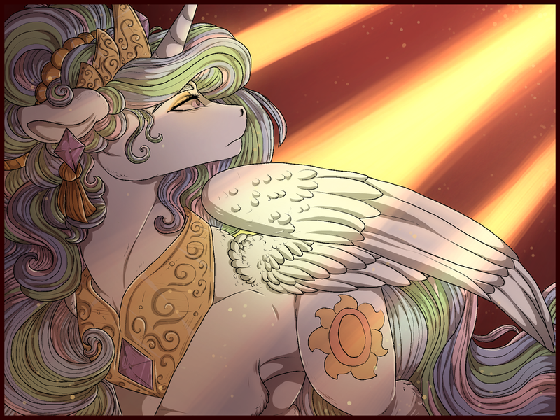 Size: 1280x960 | Tagged: safe, artist:binibean, derpibooru import, princess celestia, alicorn, pony, alternate hairstyle, crepuscular rays, ear fluff, ear piercing, earring, female, floppy ears, image, jewelry, looking up, mare, partially open wings, piercing, png, solo, turned head, wings