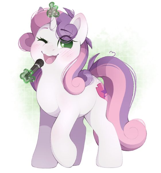 Size: 1826x1952 | Tagged: safe, artist:adostume, derpibooru import, sweetie belle, pony, unicorn, blushing, curly hair, cute, cutie mark, ear blush, eyebrows, female, high res, horn, image, long hair, long mane, magic, mare, microphone, one eye closed, open mouth, png, raised hoof, simple background, singing, solo, solo female, standing, wink