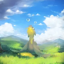 Size: 4000x4000 | Tagged: safe, artist:anticular, derpibooru import, derpy hooves, pegasus, pony, back, bubble, cloud, female, image, looking up, mare, mountain, png, solo