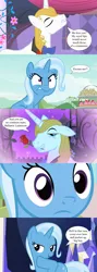 Size: 1280x3600 | Tagged: safe, derpibooru import, edit, edited screencap, screencap, prince blueblood, trixie, unicorn, all bottled up, magic duel, student counsel, the best night ever, angry, bedroom eyes, bluetrix, female, flirting, flower, image, implied kissing, male, png, rose, shipping, speech bubble, straight