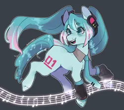 Size: 1280x1133 | Tagged: safe, artist:jiang-she, derpibooru import, kotobukiya, ponified, earth pony, pony, alternate versions at source, gray background, hatsune miku, headphones, image, kotobukiya hatsune miku pony, music notes, necktie, png, ponytails, simple background, solo, vocaloid
