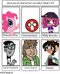 Size: 320x391 | Tagged: safe, artist:theautisticrebel, derpibooru import, pinkie pie, earth pony, ghost, human, pony, undead, six fanarts, bandage, bowtie, bucktooth, cap, cowlick, danny phantom, exclamation point, female, glasses, goggles, goggles on head, hat, image, jimmy osgood, kleki, male, mare, milly brooks, plaid, png, polandball, sidney poindexter, static shock, switzerland, tangled (disney), tangled: the series, the music freaks, varian