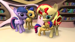 Size: 1192x670 | Tagged: safe, artist:jordan-da-lego-brony, derpibooru import, flash sentry, sunset shimmer, twilight sparkle, twilight sparkle (alicorn), oc, oc:aurora starshine, alicorn, pegasus, pony, unicorn, 3d, female, filly, flashlight, foal, hug, image, jpeg, male, mare, offspring, parent:flash sentry, parent:twilight sparkle, parents:flashlight, shipping, source filmmaker, stallion, straight, unshorn fetlocks