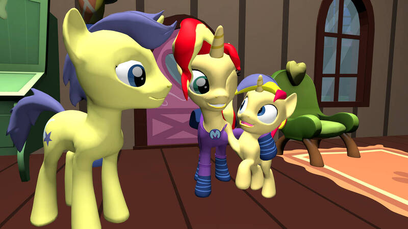 Size: 1192x670 | Tagged: safe, artist:jordan-da-lego-brony, derpibooru import, comet tail, sunset shimmer, oc, oc:astral flame, pony, unicorn, 3d, clothes, colt, cometshimmer, female, foal, image, jpeg, male, mare, parent:comet tail, parent:sunset shimmer, parents:cometshimmer, shipping, source filmmaker, stallion, straight