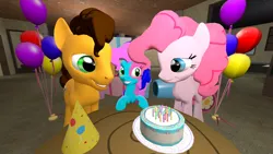 Size: 1192x670 | Tagged: safe, artist:jordan-da-lego-brony, derpibooru import, cheese sandwich, pinkie pie, oc, oc:cotton candy, earth pony, pony, 3d, balloon, cake, cheesepie, female, filly, foal, food, image, jpeg, male, mare, offspring, parent:cheese sandwich, parent:pinkie pie, parents:cheesepie, party, shipping, source filmmaker, stallion, straight