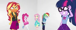 Size: 1416x563 | Tagged: safe, composite screencap, derpibooru import, edit, edited screencap, editor:incredibubbleirishguy, screencap, fluttershy, pinkie pie, rainbow dash, sci-twi, sunset shimmer, twilight sparkle, equestria girls, equestria girls series, rollercoaster of friendship, annoyed, embarrassed, embarrassed grin, image, panorama, png, rageset shimmer, random white room, red face, white room