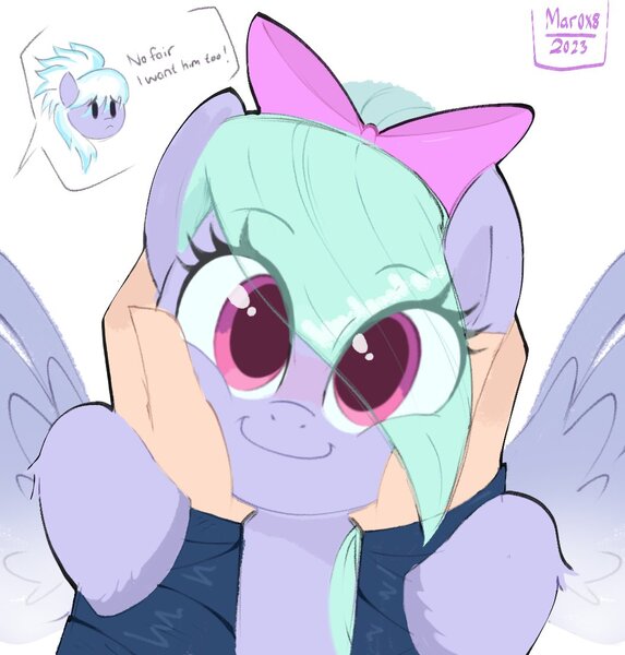 Size: 1052x1102 | Tagged: safe, artist:aceslingerexo, derpibooru import, cloudchaser, flitter, human, pegasus, pony, blushing, bow, cute, eyebrows, eyebrows visible through hair, female, flitterbetes, hair bow, human on pony petting, image, jpeg, looking at you, male, male pov, mare, offscreen character, offscreen male, petting, pov, smiling, smiling at you, squishy cheeks