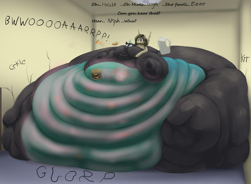 Size: 3411x2500 | Tagged: questionable, alternate version, artist:lupin quill, derpibooru import, oc, oc:barbed retort, unofficial characters only, anthro, changeling, pegasus, pony, unguligrade anthro, series:the changeling who came to stay (weight gain), bedroom eyes, belly, big belly, bingo wings, blanket, blob, burger, burp, butt, changeling oc, changeling overfeeding, chubby cheeks, chunkling, dialogue, fat, fat fetish, feeder, fetish, flabby chest, food, gay, heart, huge belly, huge butt, image, immobile, impossibly large belly, impossibly large butt, large butt, lineless, magic, male, morbidly obese, obese, onomatopoeia, panting, pegasus oc, pizza, png, poster, property damage, rolls of fat, spread wings, stomach noise, stuffed, stuffed belly, stuffing, telekinesis, weight gain, wings