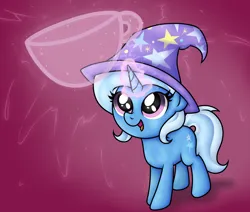 Size: 2502x2118 | Tagged: safe, artist:background basset, derpibooru import, trixie, pony, unicorn, clothes, cup, female, hat, image, magic, open mouth, png, simple background, solo, teacup, trixie's hat