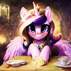 Size: 2560x2560 | Tagged: safe, derpibooru import, machine learning generated, novelai, stable diffusion, princess cadance, alicorn, pony, abstract background, ai content, cute, female, high res, horn, image, indoors, jewelry, jpeg, looking at you, mare, prompter:endless--, regalia, sitting, smiling, smiling at you, solo, spread wings, table, tiara, wings