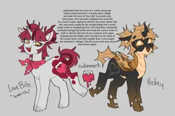 Size: 1280x848 | Tagged: safe, artist:jiang-she, derpibooru import, ponified, changeling, pony, unicorn, bandana, clothes, disguise, disguised changeling, gray background, himiko toga, image, my hero academia, png, simple background, text