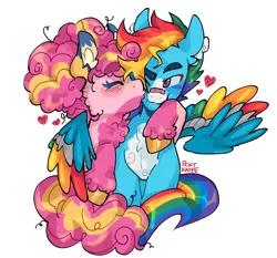 Size: 1280x1191 | Tagged: safe, artist:jiang-she, derpibooru import, pinkie pie, rainbow dash, earth pony, pegasus, pony, alternate design, bandaid, bandaid on nose, coat markings, colored wings, duo, female, heart, hug, image, kiss on the cheek, kissing, lesbian, multicolored wings, pinkiedash, png, rainbow wings, shipping, simple background, twitterina design, white background, winghug, wings
