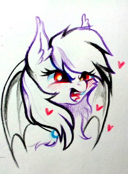 Size: 1046x1423 | Tagged: artist needed, safe, derpibooru import, oc, oc:pestyskillengton, bat pony, pony, bat wings, collar, female, image, jpeg, mare, sketch, solo, traditional art, wings