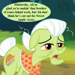 Size: 720x720 | Tagged: safe, derpibooru import, edit, edited screencap, screencap, granny smith, earth pony, pony, flutter brutter, pinkie apple pie, clothes, cropped, funetik aksent, granny smith's shawl, image, implied fluttershy, implied zephyr breeze, offscreen character, png, scarf, solo, speech bubble