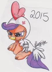 Size: 1001x1389 | Tagged: safe, artist:rhythm-is-best-pony, derpibooru import, scootaloo, pegasus, pony, animal costume, chicken suit, clothes, costume, cross-popping veins, emanata, image, jpeg, scootachicken, scootaloo is not amused, solo, traditional art, unamused