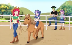 Size: 1125x700 | Tagged: safe, artist:riouku, derpibooru import, apple bloom, princess flurry heart, spike, sweetie belle, horse, human, boots, clothes, commission, cowboy boots, cowboy hat, cowgirl, cowgirl outfit, female, hat, humanized, image, jpeg, male, mobile phone, older, older apple bloom, older flurry heart, older spike, older sweetie belle, phone, shipping, shoes, spikebelle, straight, sweet apple acres, uncle spike