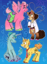 Size: 1513x2048 | Tagged: safe, artist:umbrellascribbles, derpibooru import, ponified, earth pony, pegasus, pony, unicorn, clothes, image, lab coat, patrick star, png, sandy cheeks, spongebob squarepants, spongebob squarepants (character), squidward tentacles