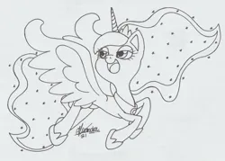 Size: 2901x2074 | Tagged: safe, artist:rhythm-is-best-pony, derpibooru import, princess luna, alicorn, pony, image, lidded eyes, lineart, monochrome, open mouth, open smile, png, smiling, solo, spread wings, wings