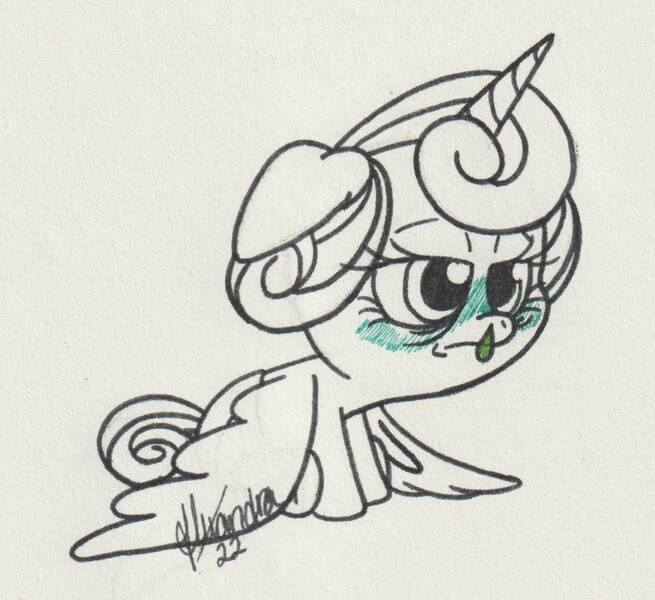 Size: 1331x1220 | Tagged: safe, artist:rhythm-is-best-pony, derpibooru import, princess flurry heart, alicorn, pony, floppy ears, foal, image, inktober, inktober 2022, jpeg, lidded eyes, partial color, runny nose, sick, solo, traditional art, wings, wings down