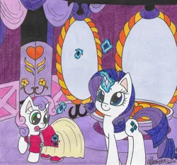 Size: 1230x1147 | Tagged: safe, artist:rhythm-is-best-pony, derpibooru import, rarity, sweetie belle, pony, unicorn, carousel boutique, clothes, duo, gem, image, jpeg, magic, smiling, telekinesis, traditional art