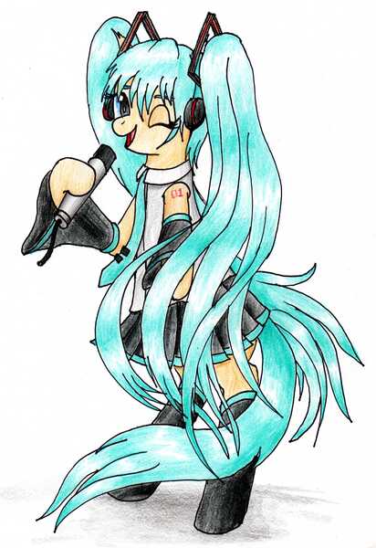 Size: 1973x2874 | Tagged: safe, artist:40kponyguy, derpibooru import, ponified, earth pony, pony, anime, bipedal, clothes, cute, derpibooru exclusive, hatsune miku, headphones, hoof hold, image, jpeg, leggings, looking at you, microphone, necktie, one eye closed, pigtails, pleated skirt, simple background, skirt, solo, traditional art, twintails, vocaloid, white background